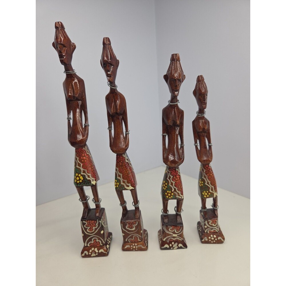 Vintage East African Hand-Carved & Paint Wooden Maasai Family Set of 4 Folk Art